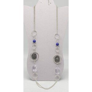 Long Silver Tone Necklace With Blue Beads Faux Gem Accents New York Co.